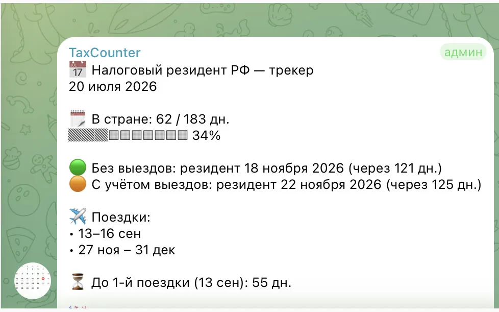 Счётчик резидентства — Еженедельный отчёт: дни из 183, шкала, обе даты и ближайшие поездки