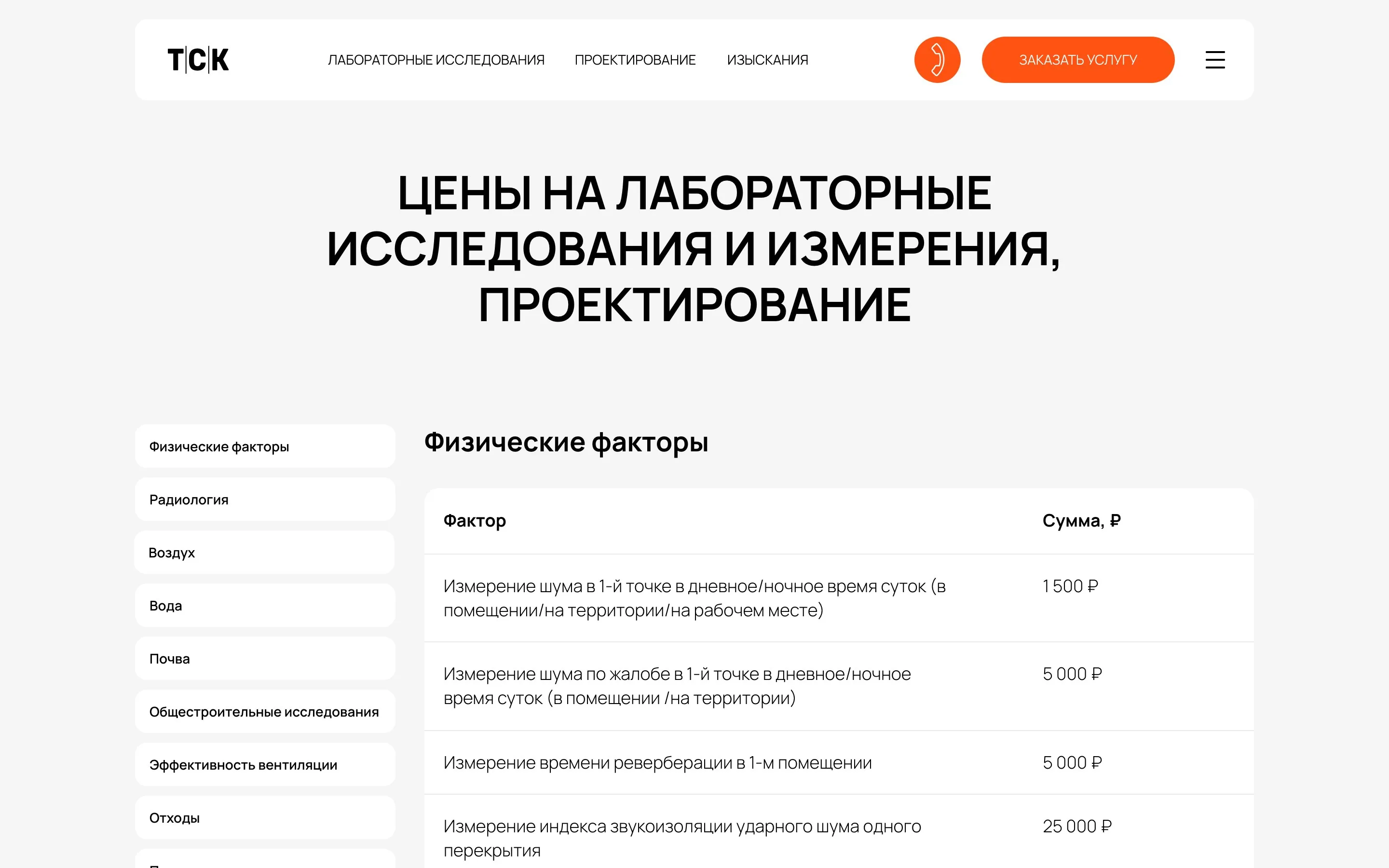ТСК Лаборатория — Прейскурант — цены на исследования, измерения и проектирование